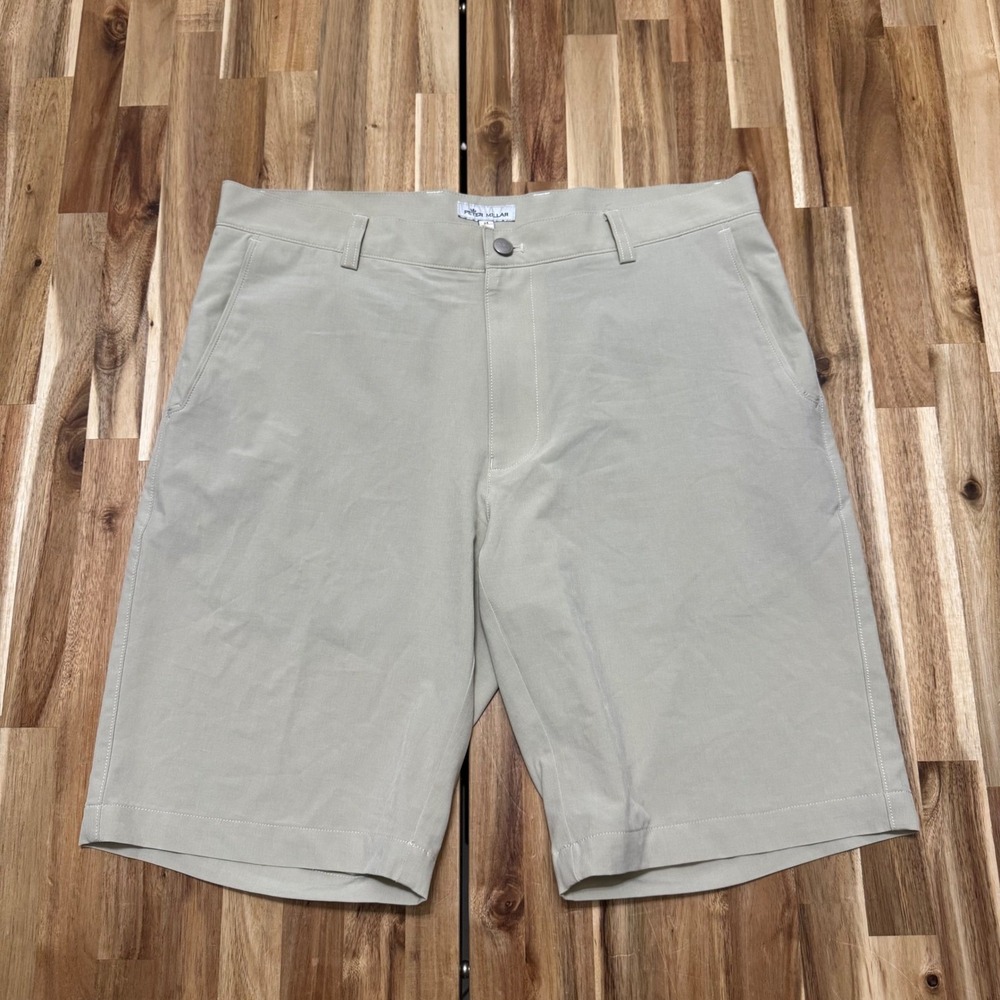Peter Millar Shorts Mens 34 Performance Khaki Tan Golf Stretch Flat Front 9"